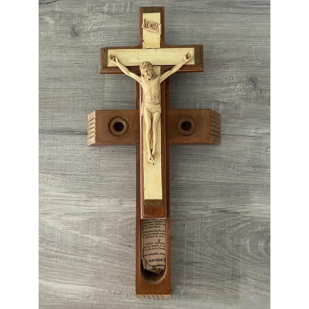 Vintage Mother‎ of Pearl Wood Crucifix Last Rites Sick Catholic Cross